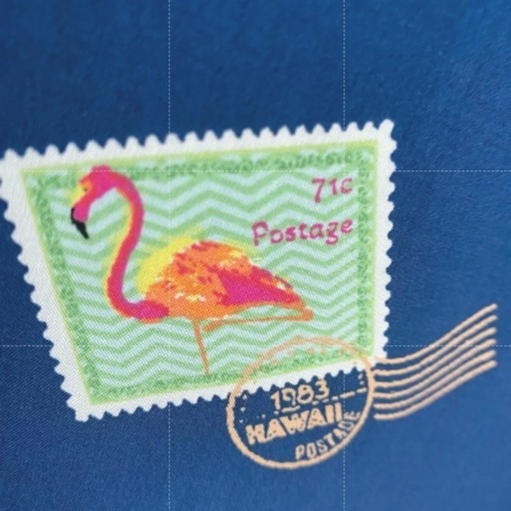 Jane + Delancey Tropical Flamingo Postage Stamp Shirt Women 3X Blue Resortwear - Picture 5 of 8